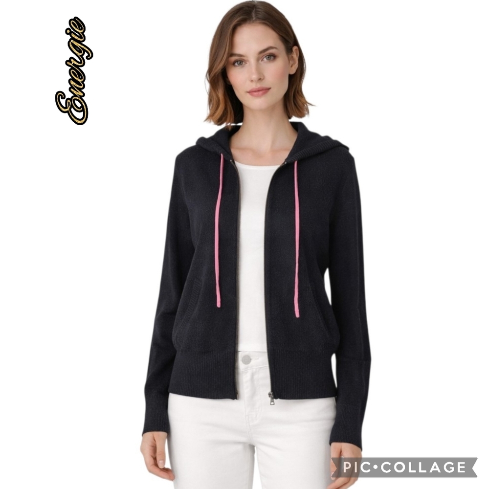 Energie cardigan sweater hoodie black pink tie front zip ls faux pockets sz 1x